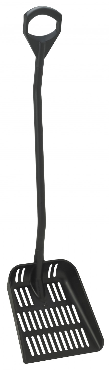 Ergonomische-Schaufel-mit-Abflussloechern-1325-mm Ergonomisch stabile schwarze Drainageschaufel mit langem Stiel und großem Lochblatt. Gut geeignet für Bereiche in der Lebensmittelindustrie mit Drainagebedarf.