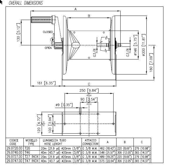 Schlauchaufroller  DN10 - 20 m - 250 bar - 3/8" AG : 3/8" AG